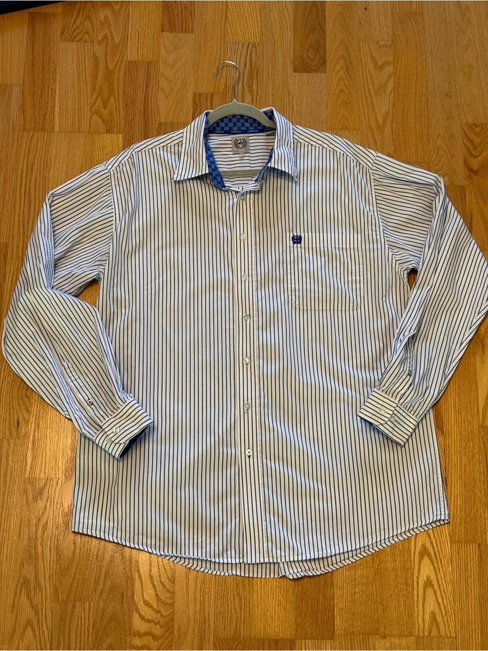 Cinch Men’s Button Down Shirt L Blue White Striped Western Classic Long Sleeve